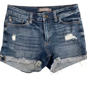 Just USA Women’s Blue Denim Mid Rise Short Shorts, size medium